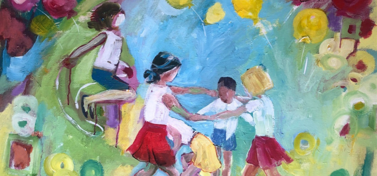 A colourful acrylic painting of a group of children dancing holding hands