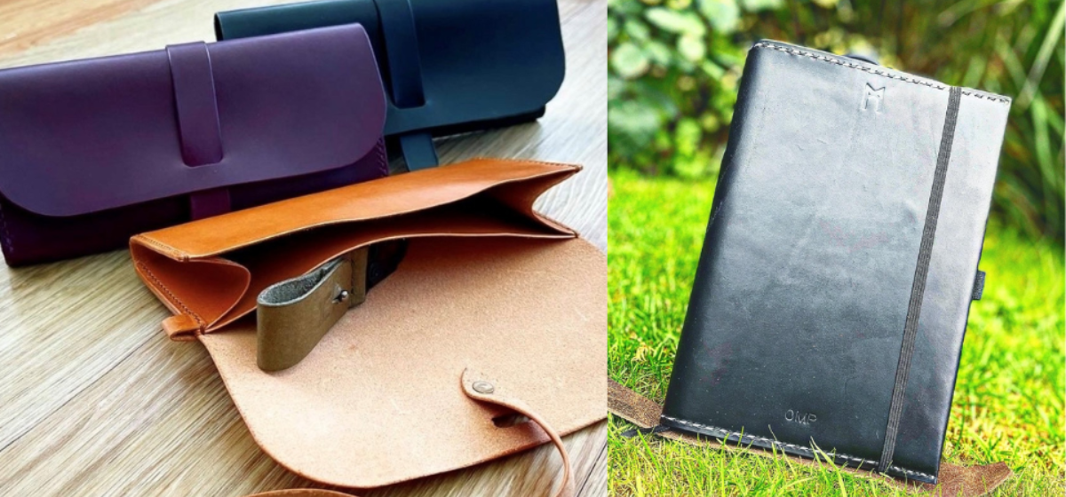 Leather wallets and a notebook cover in various colors, showcasing handmade craftsmanship.