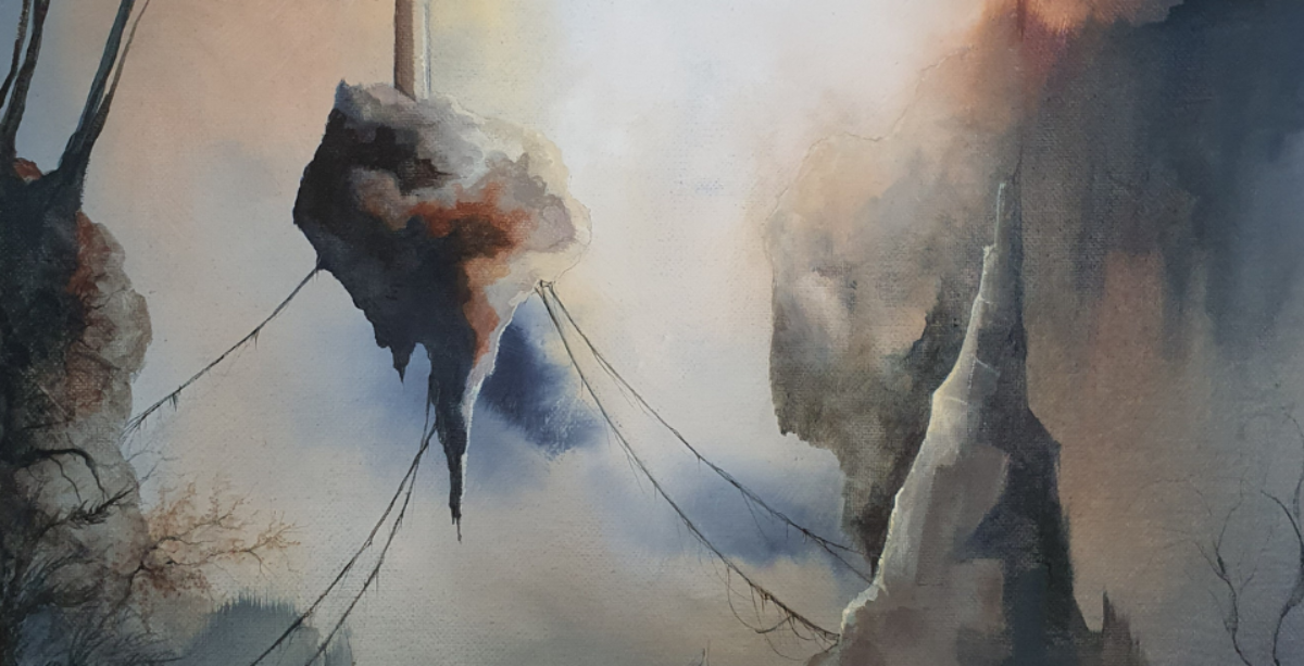 A grey and blue abstract painting of something that looks inspired by the sky