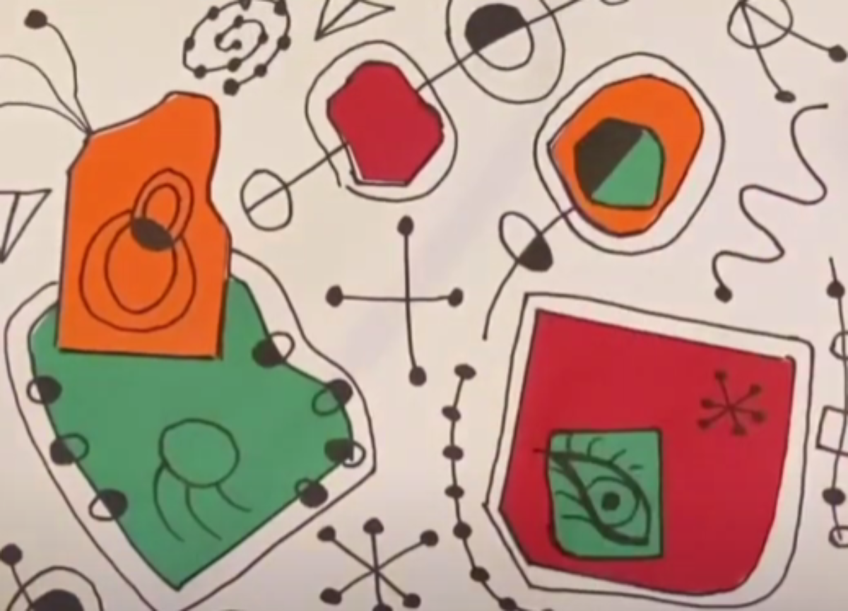 a children's paper drawing of abstract shapes in orange, green and red, in the style of artist joan miro