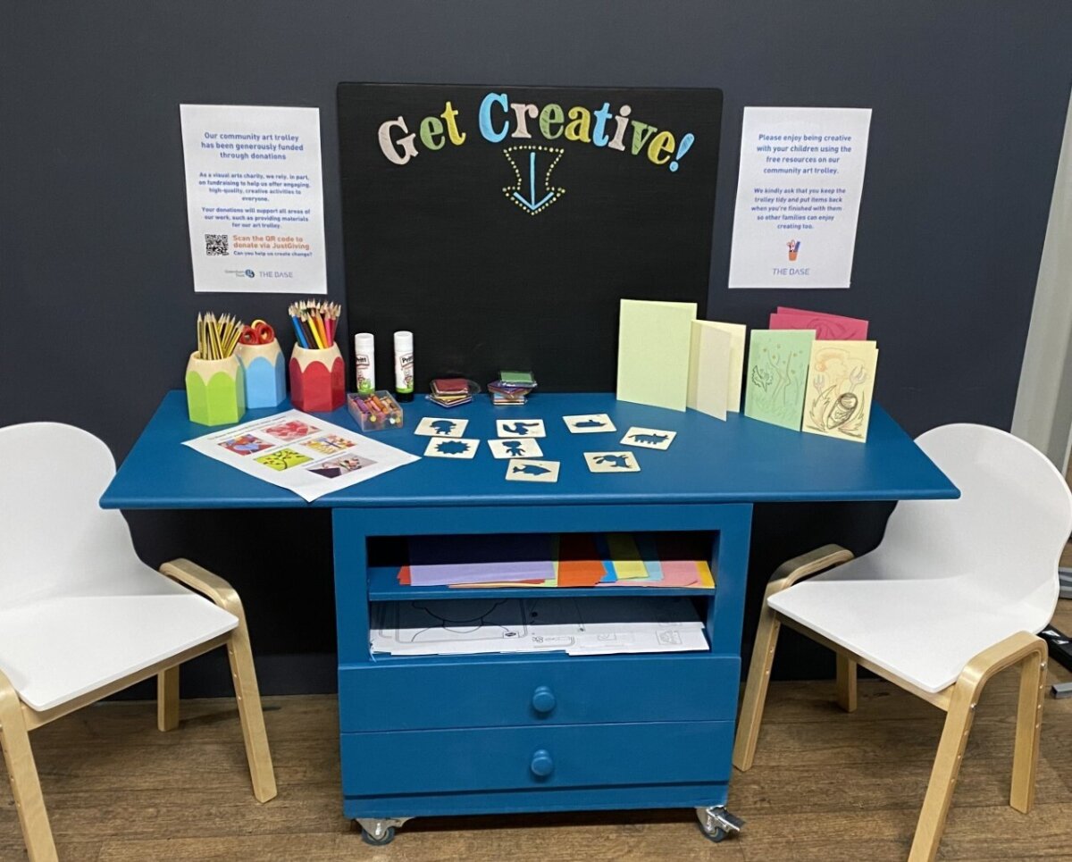 blue art trolley full of craft supplies and paper